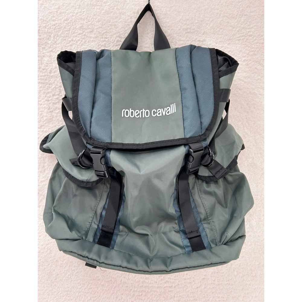 Roberto‎ Cavalli Green Nylon Sport Utility Technical Travel Backpack Logo